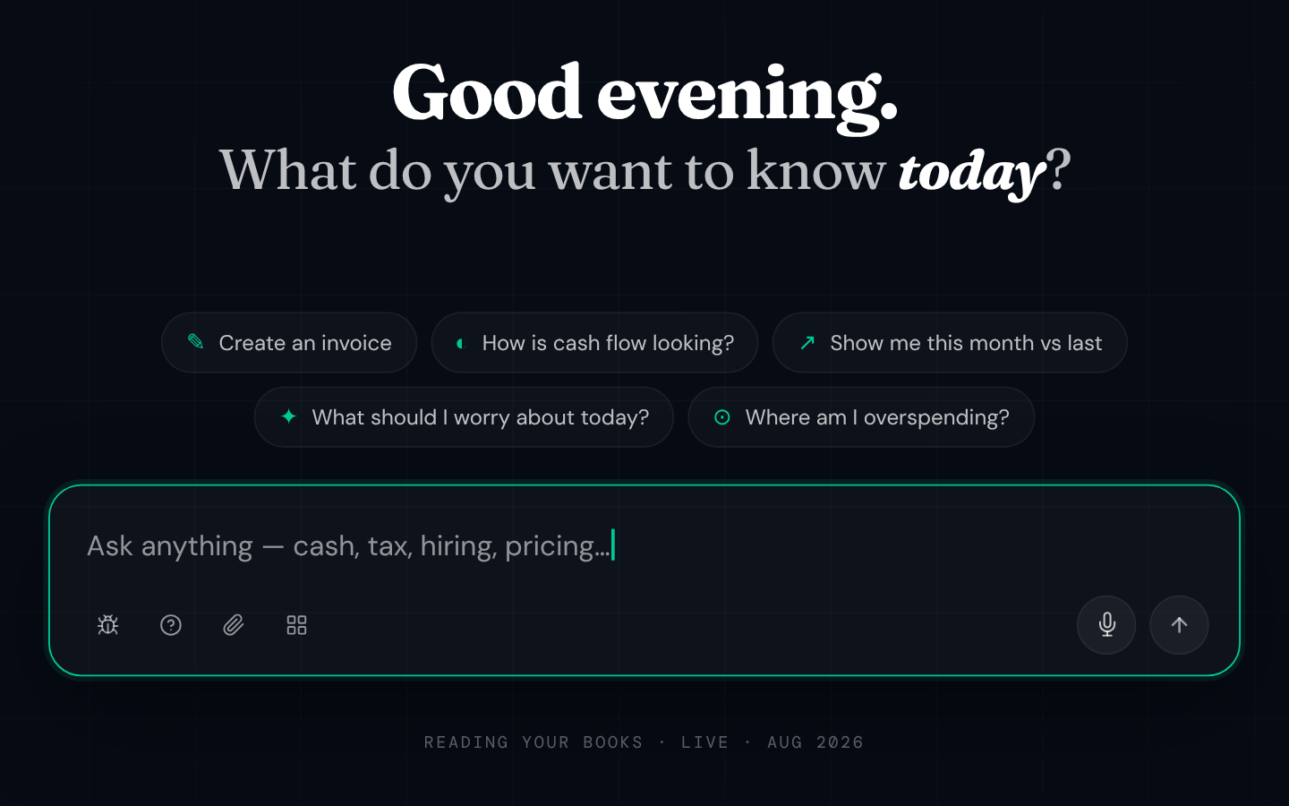 GeniusCFO asked how business is today, answering with the executive dashboard: sales, profit, cash, receivables, payables, runway and financial alerts