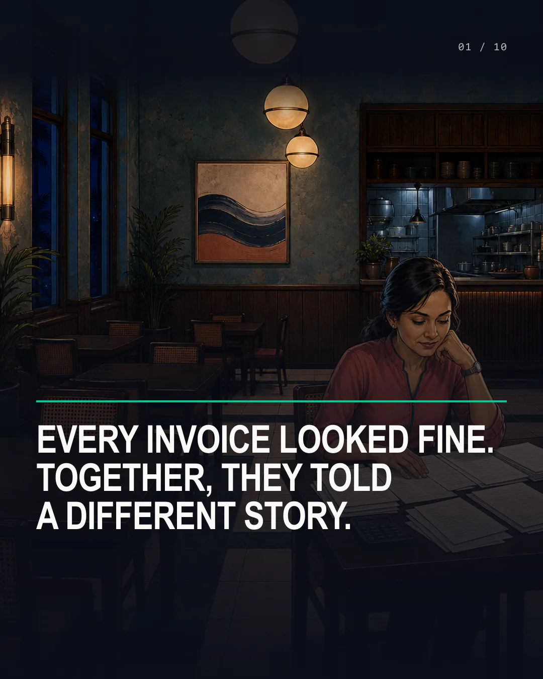 Meera sits at a table in Coastal House with supplier invoices. The headline reads: Every invoice looked fine. Together, they told a different story.
