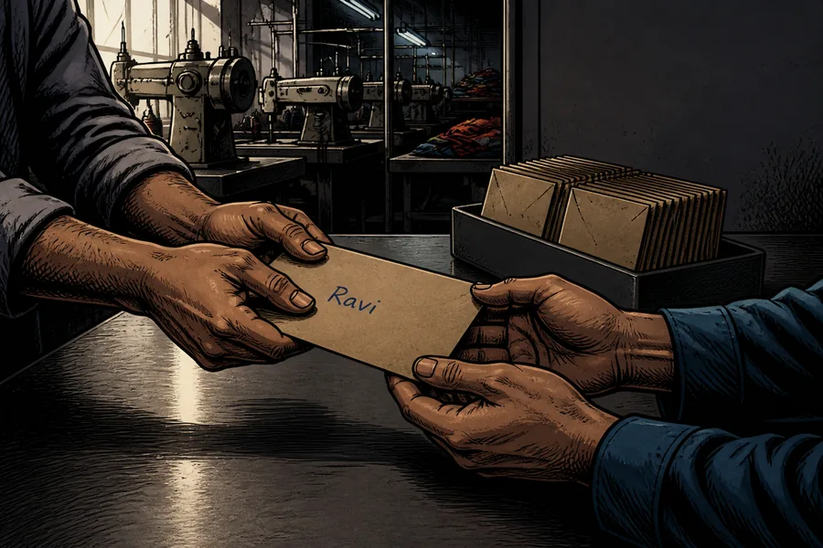 A pay envelope marked with a name passing between two hands across a table, with a box of further envelopes and the sewing floor behind.