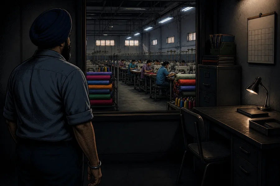 Harpreet Singh stands at the office window of a garment unit, looking out over rows of sewing machines, bolts of coloured fabric and people at work.