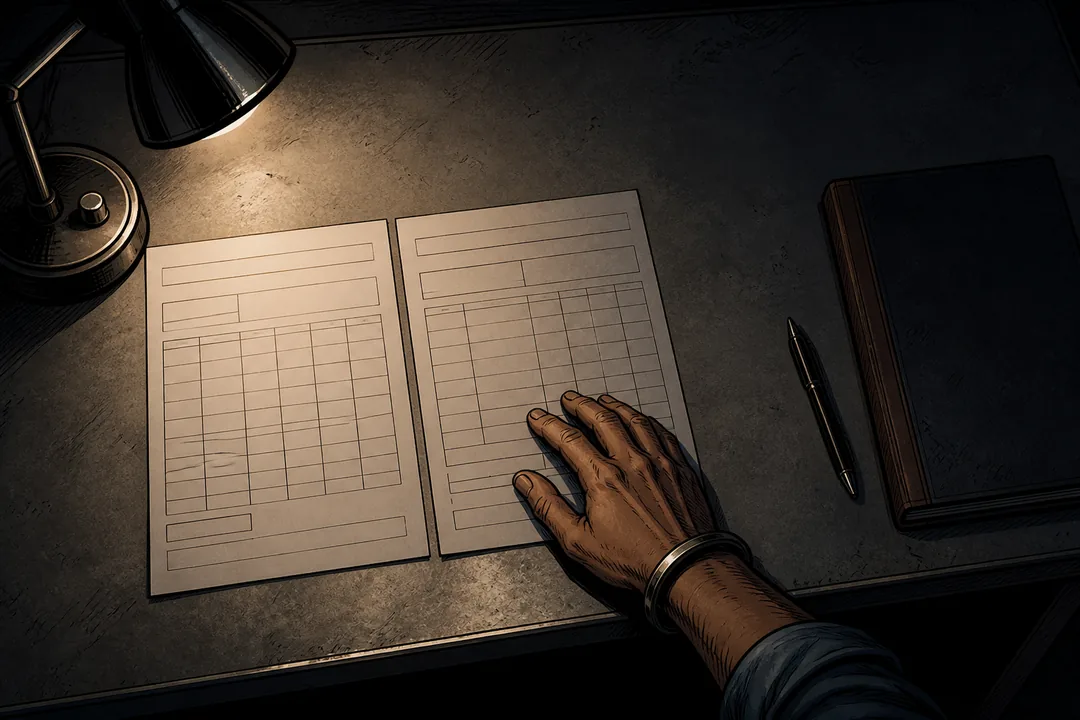 A desk under one lamp at 3:04 a.m.: two ruled ledger sheets side by side, a hand resting on the right-hand sheet, a pen and a closed book in the dark.