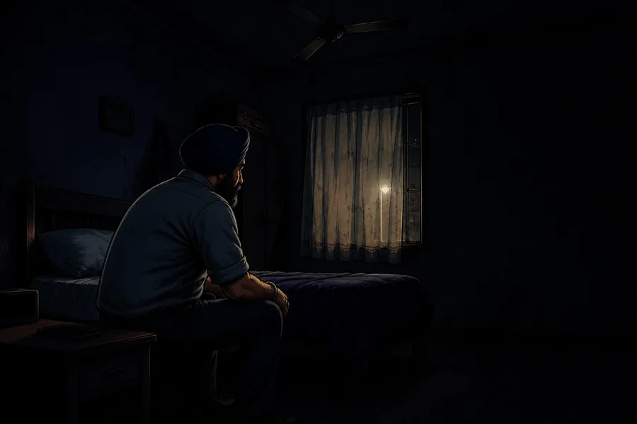 A dark bedroom lit only by a window. Harpreet Singh sits on the edge of the bed, awake, under a slow ceiling fan.